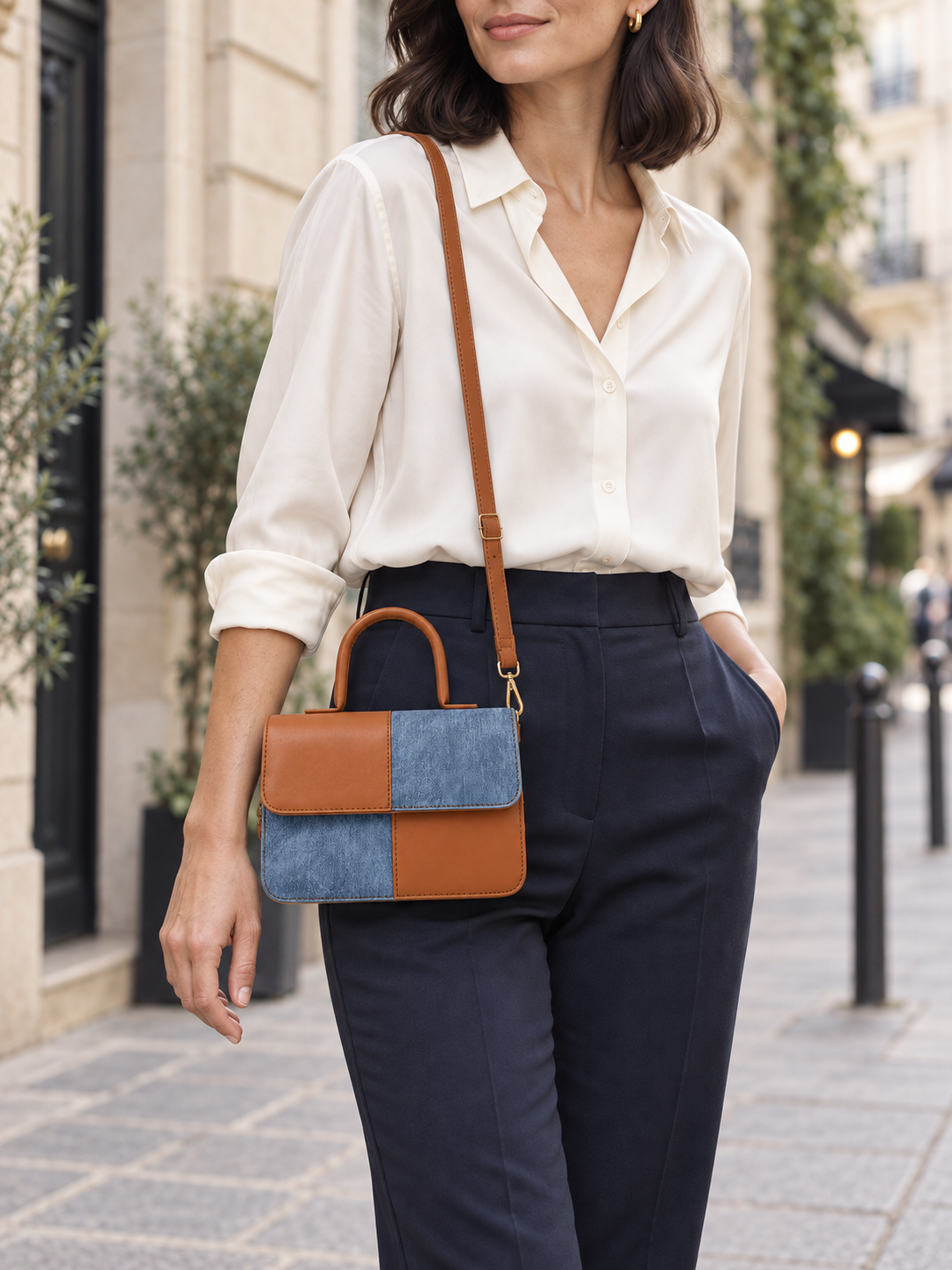 Sac à main en cuir et toile denim — Albane