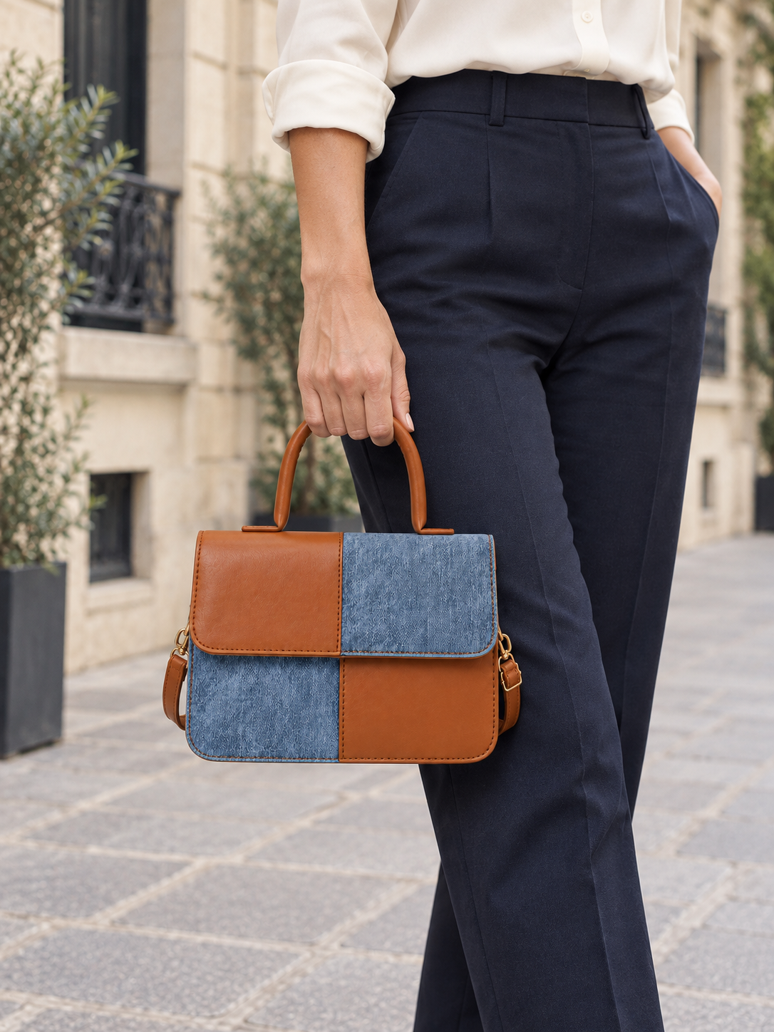 Sac à main en cuir et toile denim — Albane