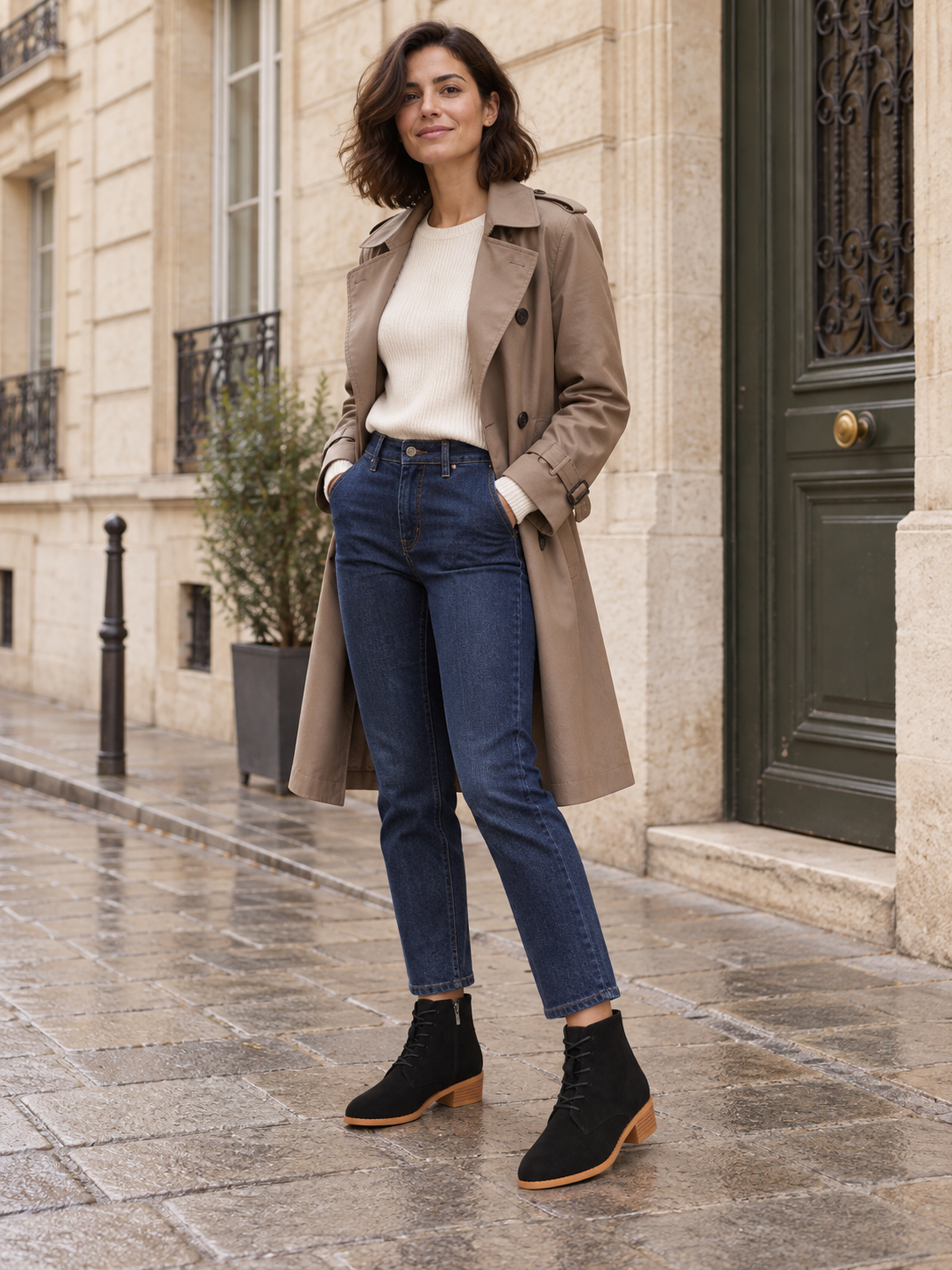 Domitille — Noir — Bottines en suède à lacets, silhouette portée à Paris