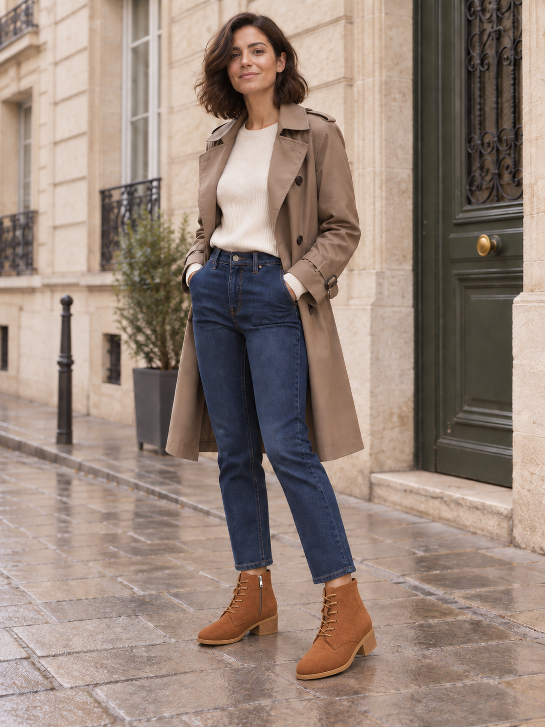 Domitille — Marron — Bottines en suède à lacets, silhouette portée à Paris