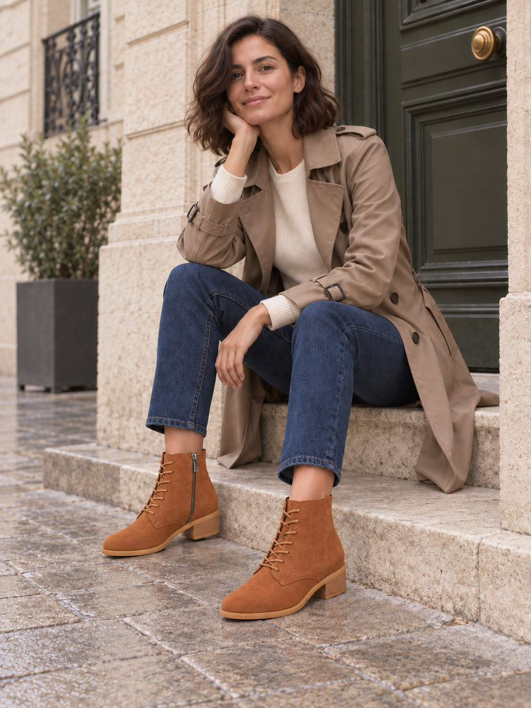 Domitille — Marron — Bottines en suède à lacets, vue portée assise