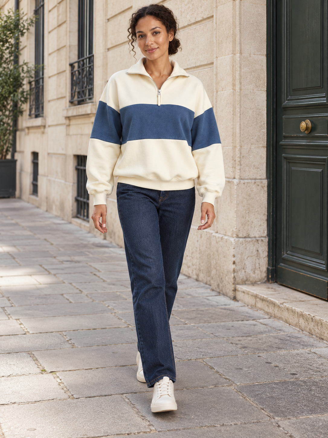 Sweat bicolore en coton à col zippé — Romane