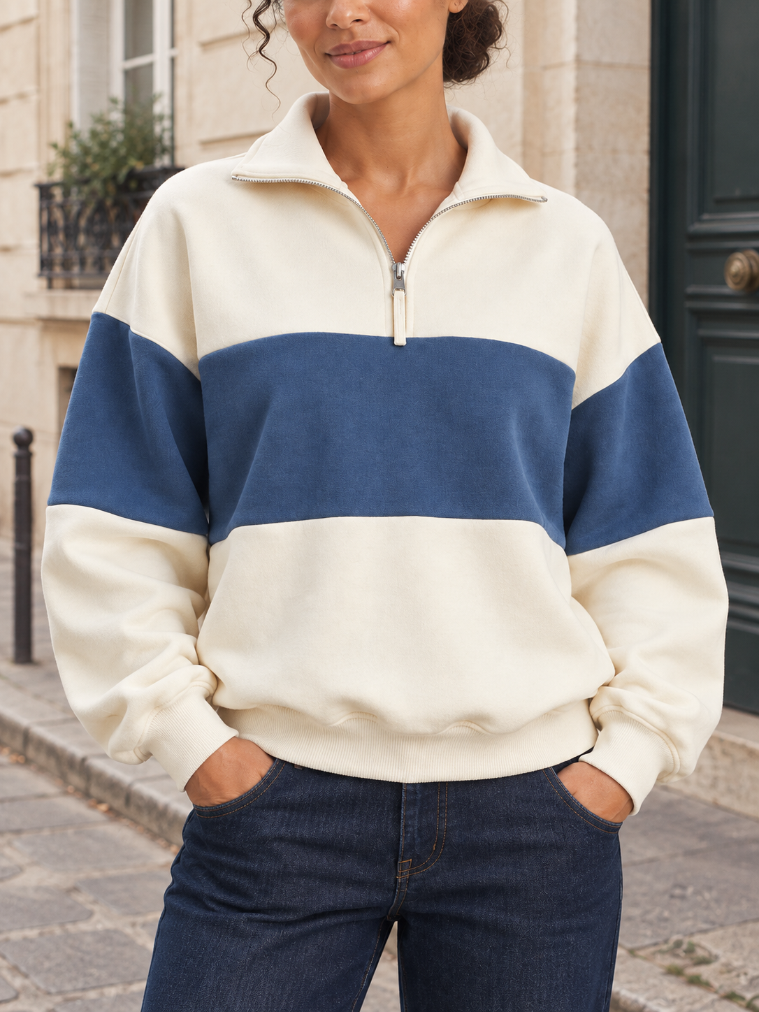 Sweat bicolore en coton à col zippé — Romane