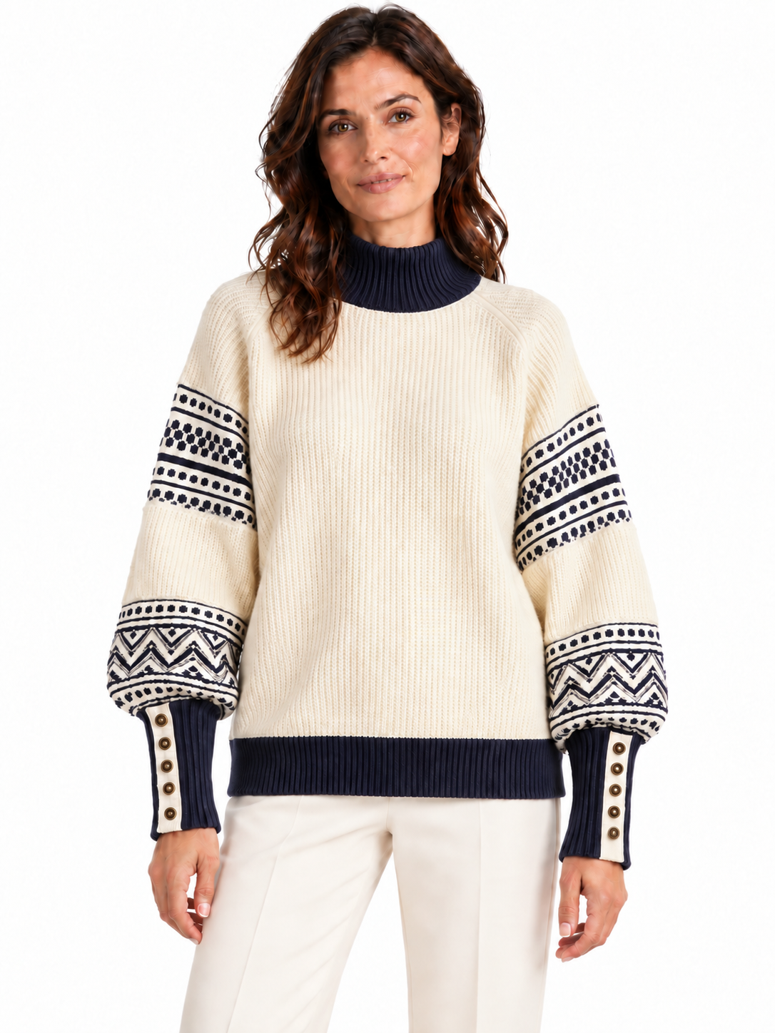 Pull en laine à manches jacquard et poignets boutonnés — Pauline