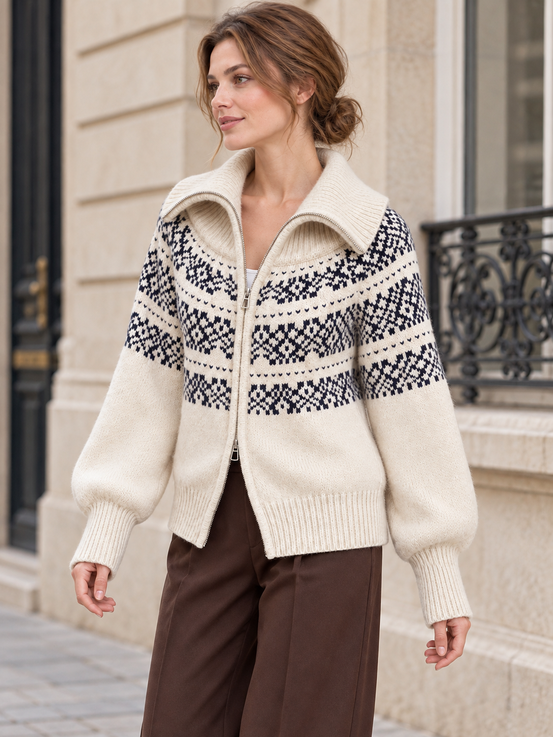 Gilet in lana con zip e motivi jacquard — Juliette