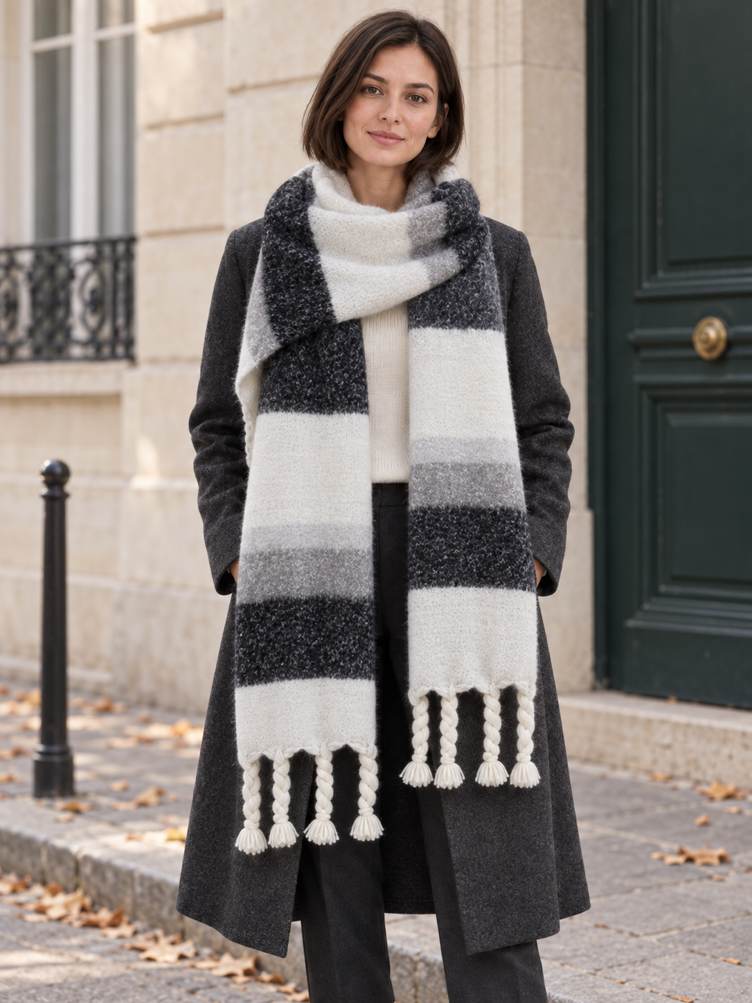 Sciarpa a righe larghe e frange intrecciate — Aveline