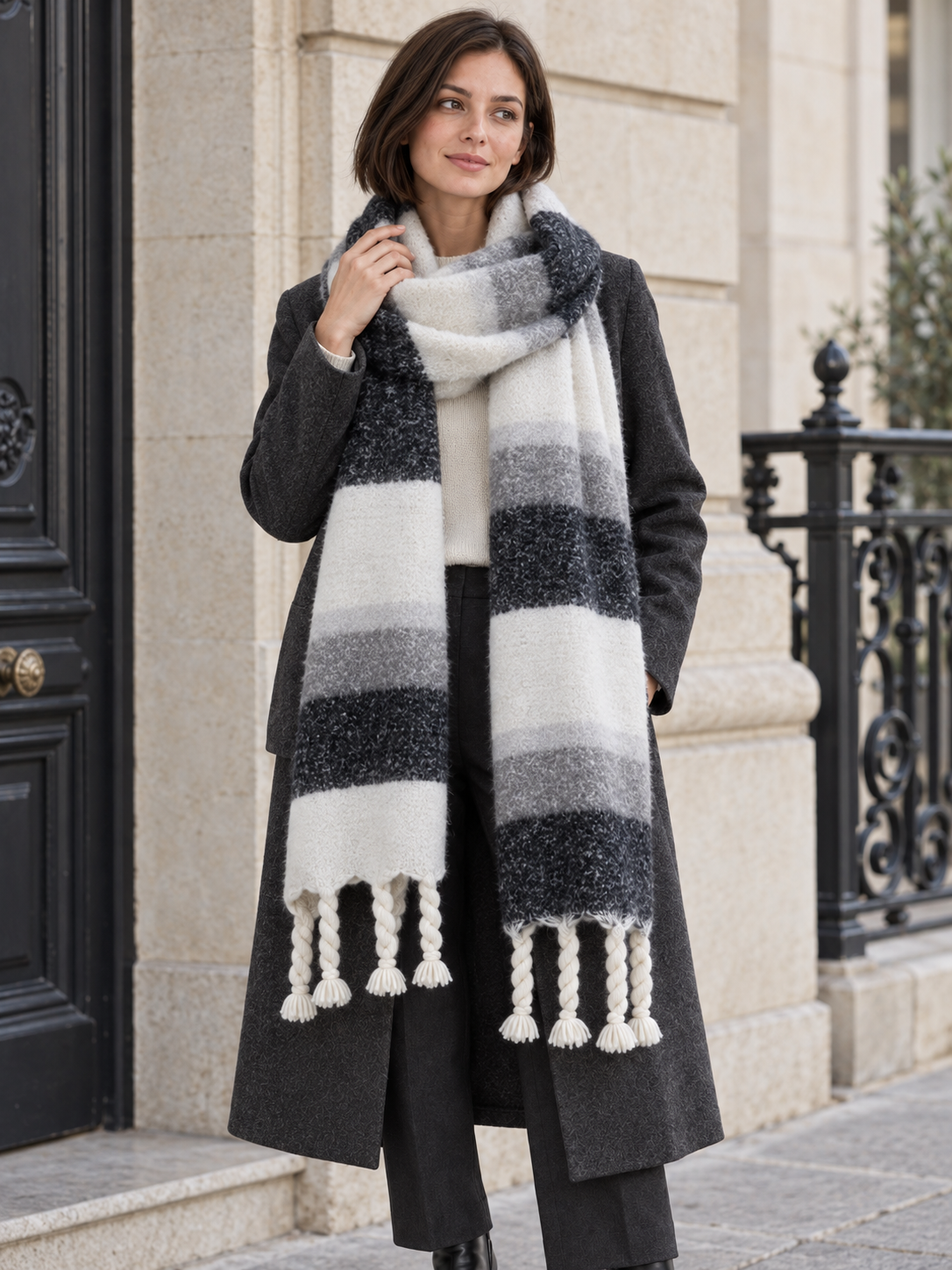 Sciarpa a righe larghe e frange intrecciate — Aveline