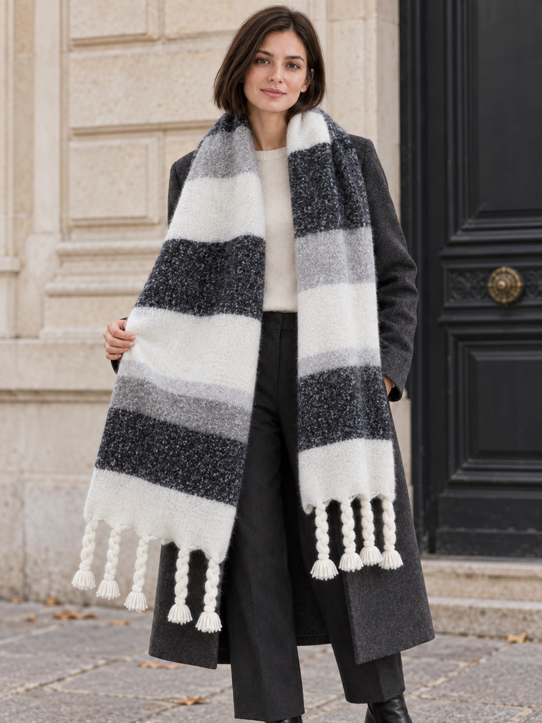 Sciarpa a righe larghe e frange intrecciate — Aveline