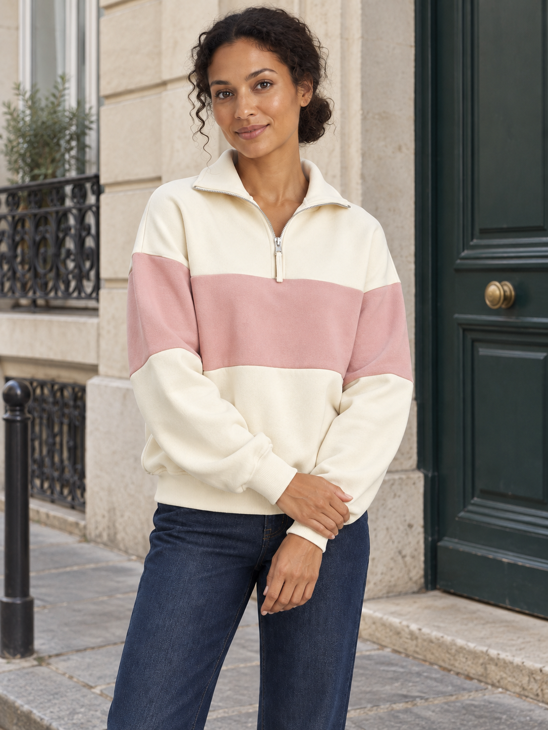 Sweat bicolore en coton à col zippé — Romane