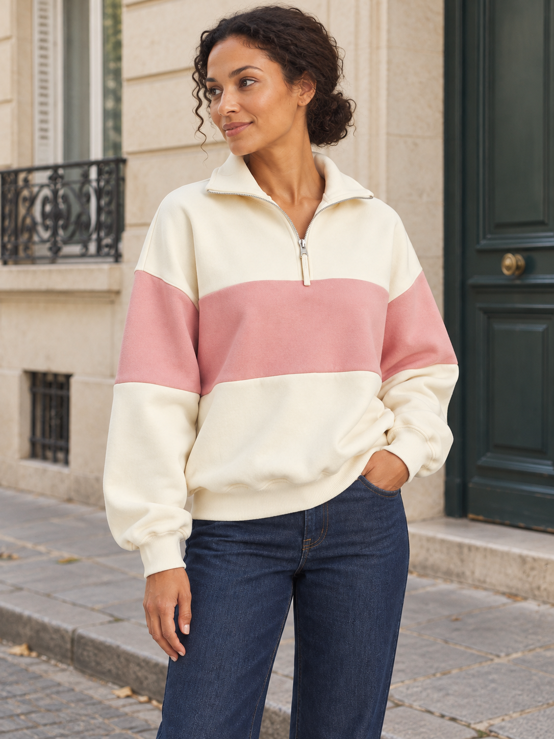 Sweat bicolore en coton à col zippé — Romane