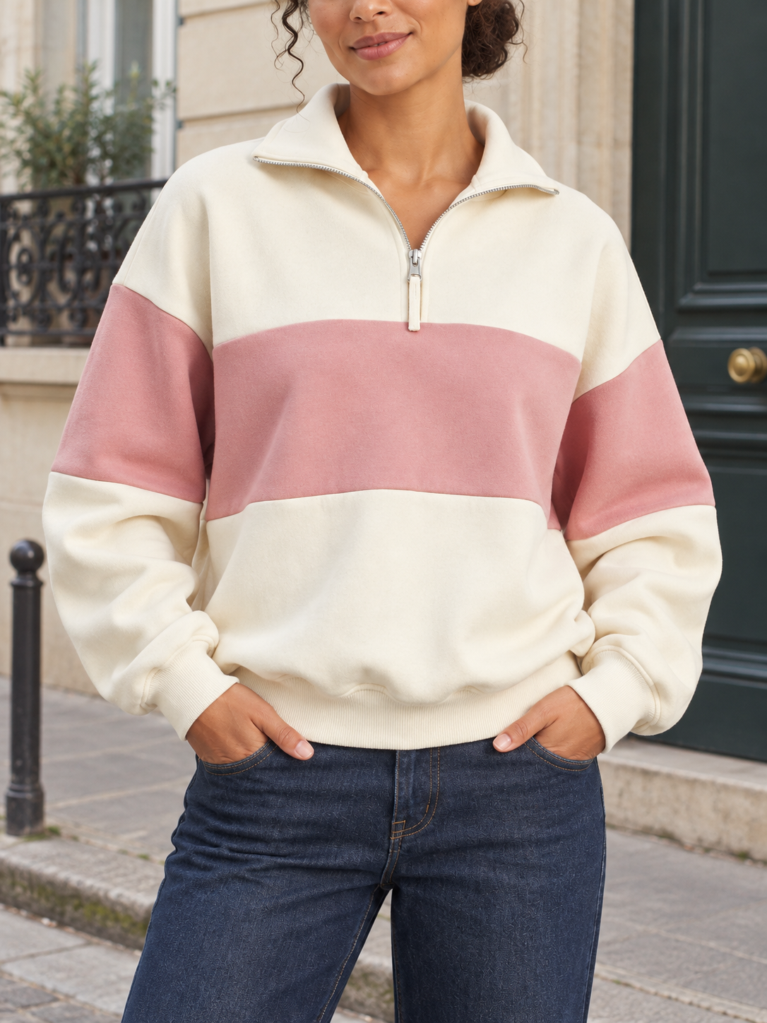 Sweat bicolore en coton à col zippé — Romane