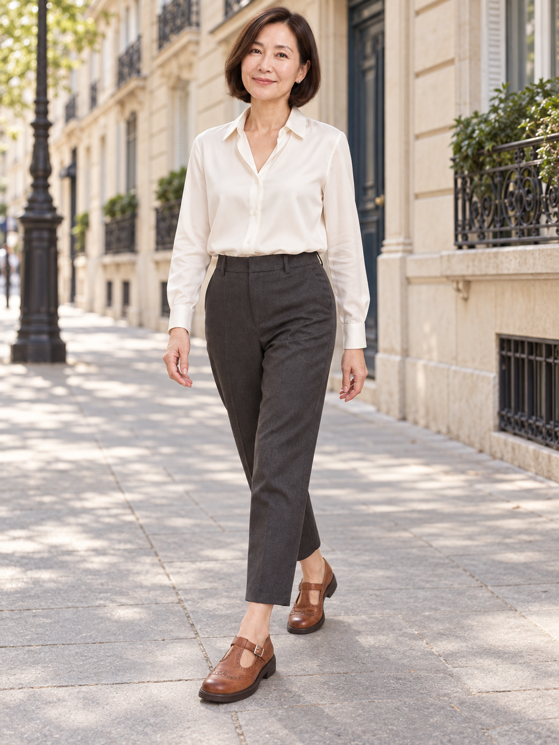 Félicienne — Marron — silhouette portée dans une rue parisienne