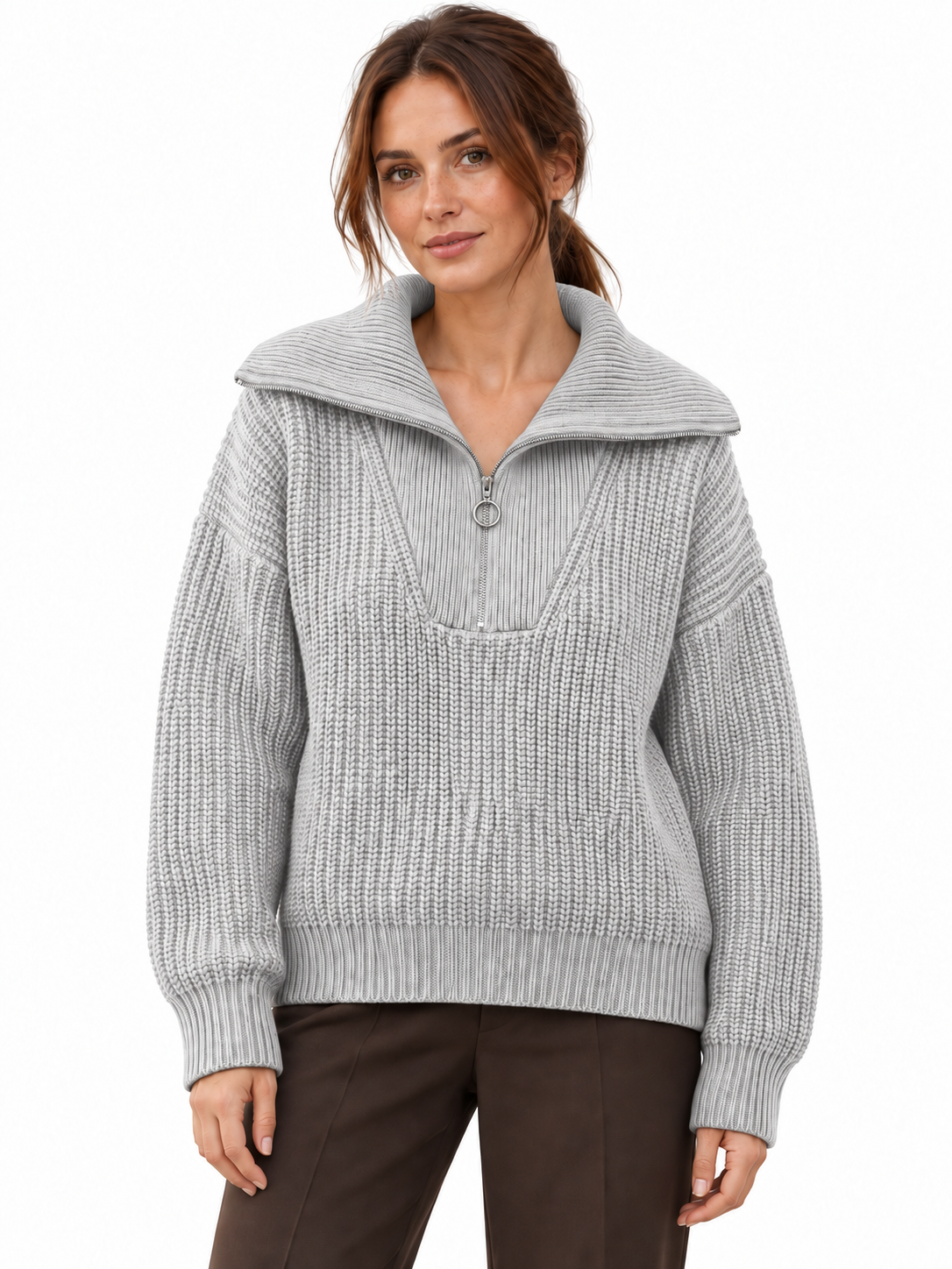 Clémence — Zip-neck wool sweater with ring pull