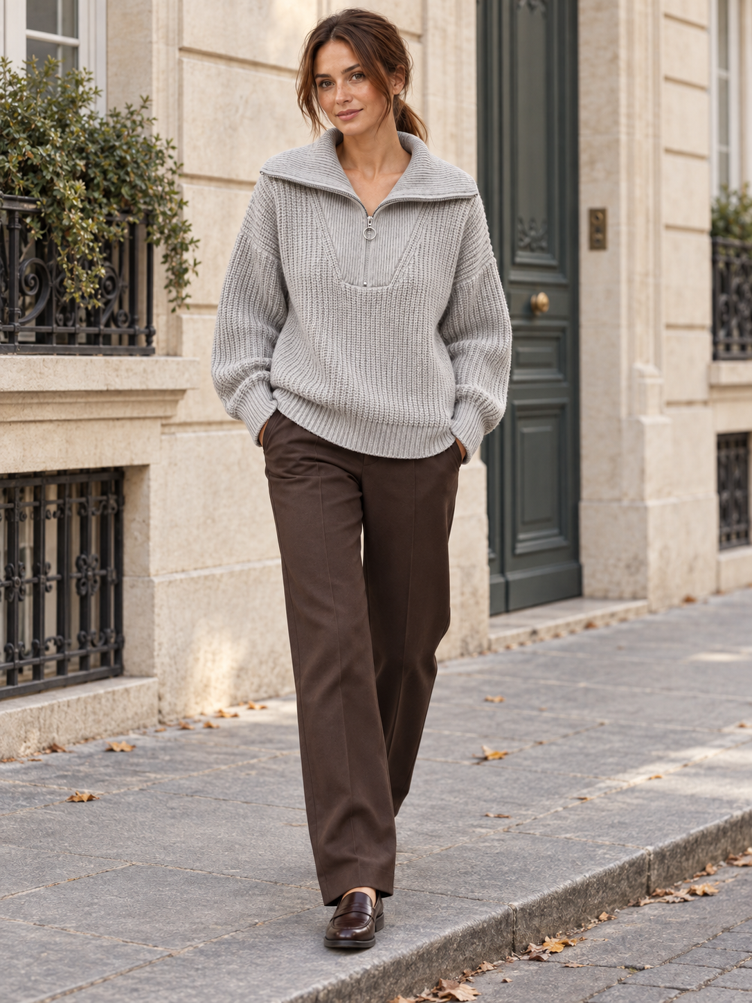 Clémence — Zip-neck wool sweater with ring pull