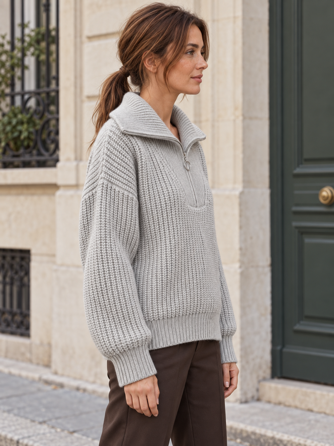 Clémence — Zip-neck wool sweater with ring pull