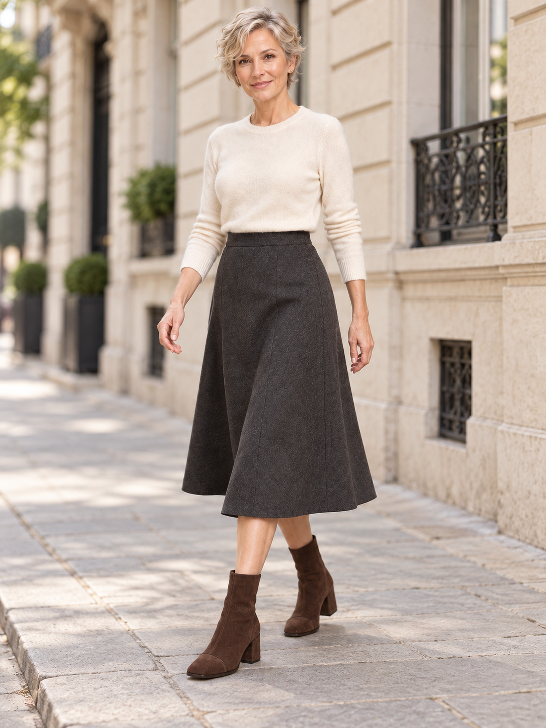 Hermine — Marron foncé — silhouette portée dans une rue parisienne