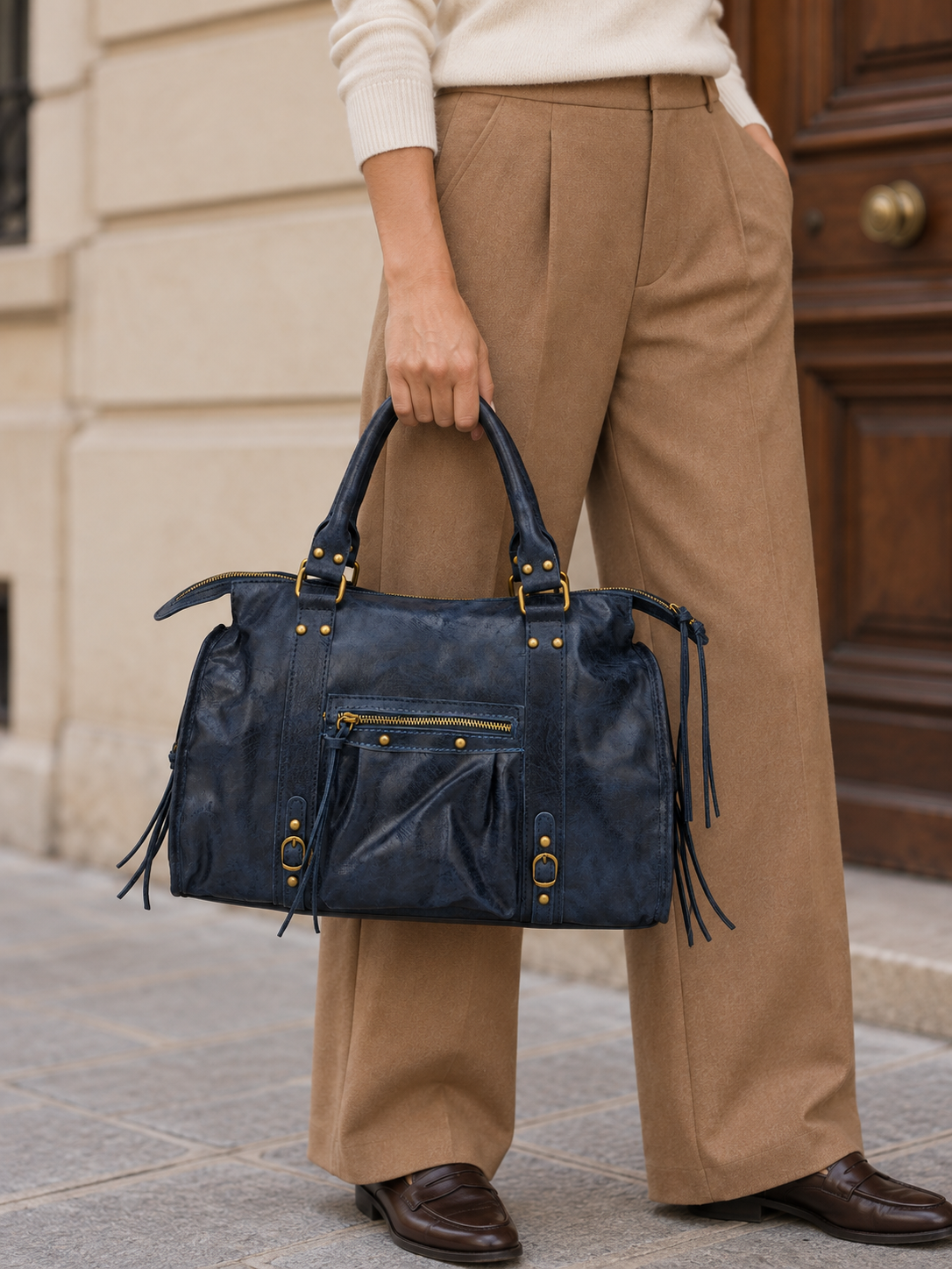 Borsa bowling in pelle con dettagli dorati — Margot
