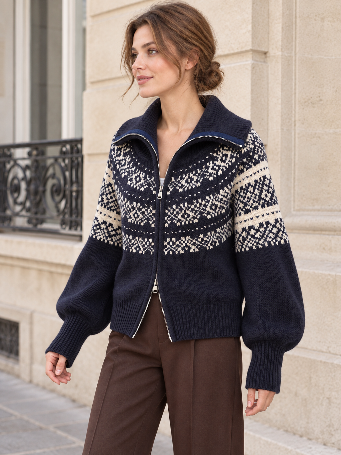 Gilet in lana con zip e motivi jacquard — Juliette