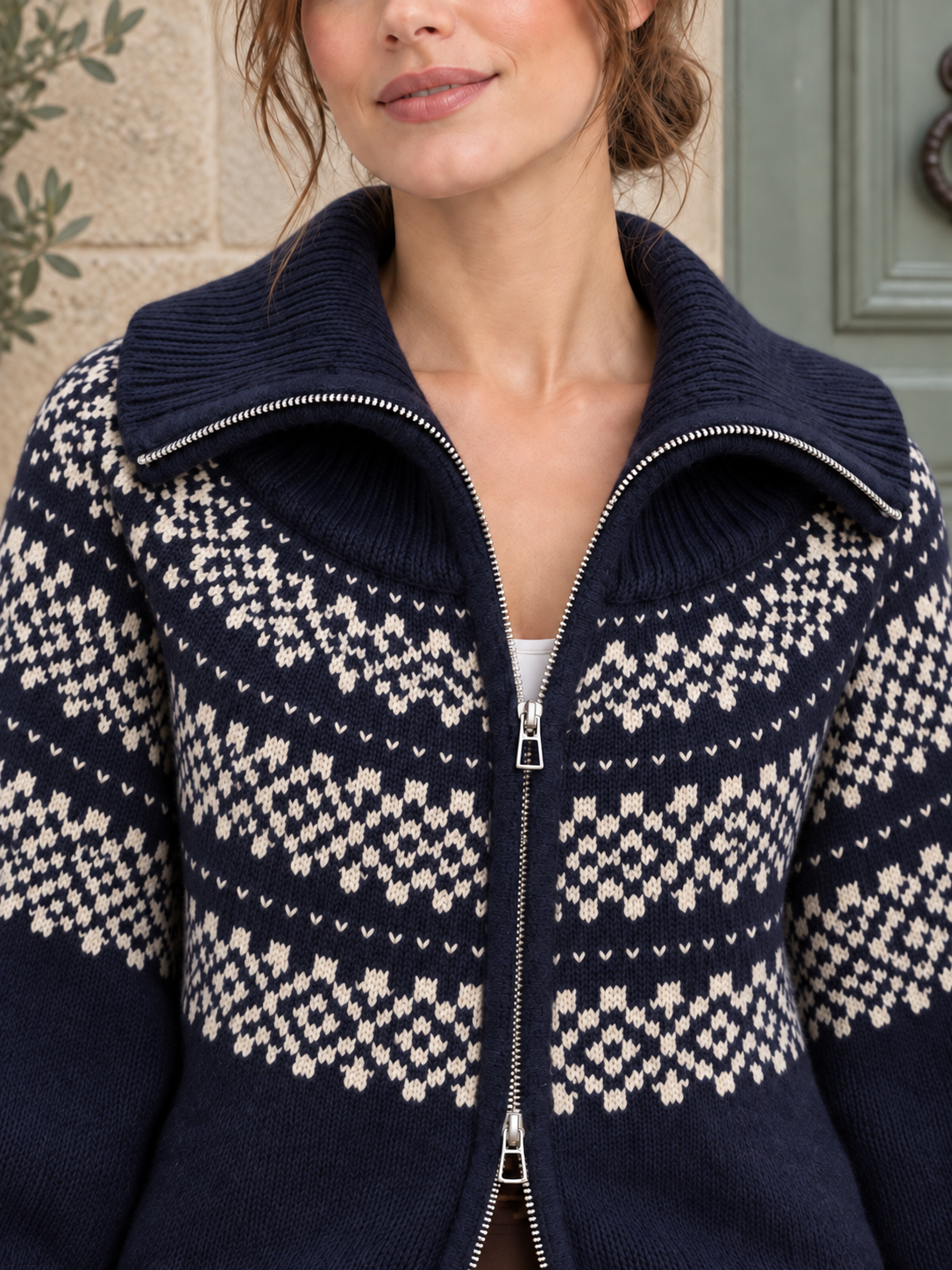 Gilet in lana con zip e motivi jacquard — Juliette