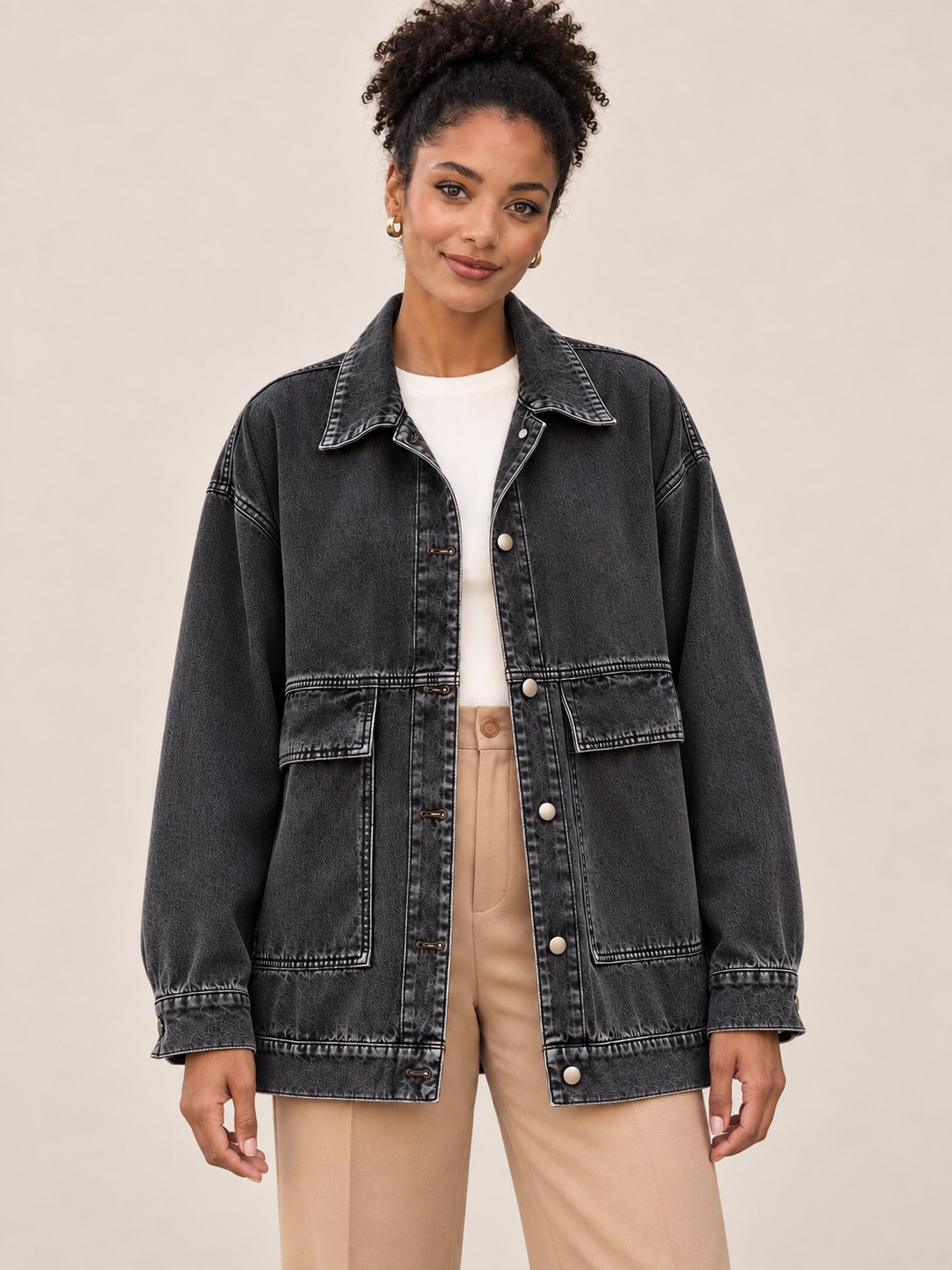 Aline — Long denim jacket with large pockets