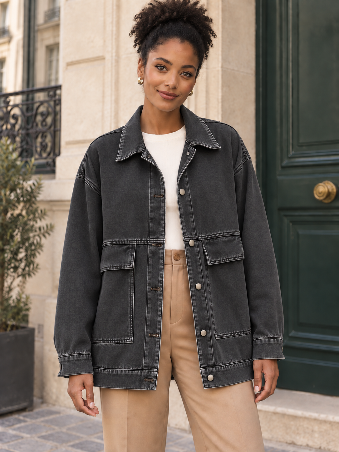 Aline — Long denim jacket with large pockets