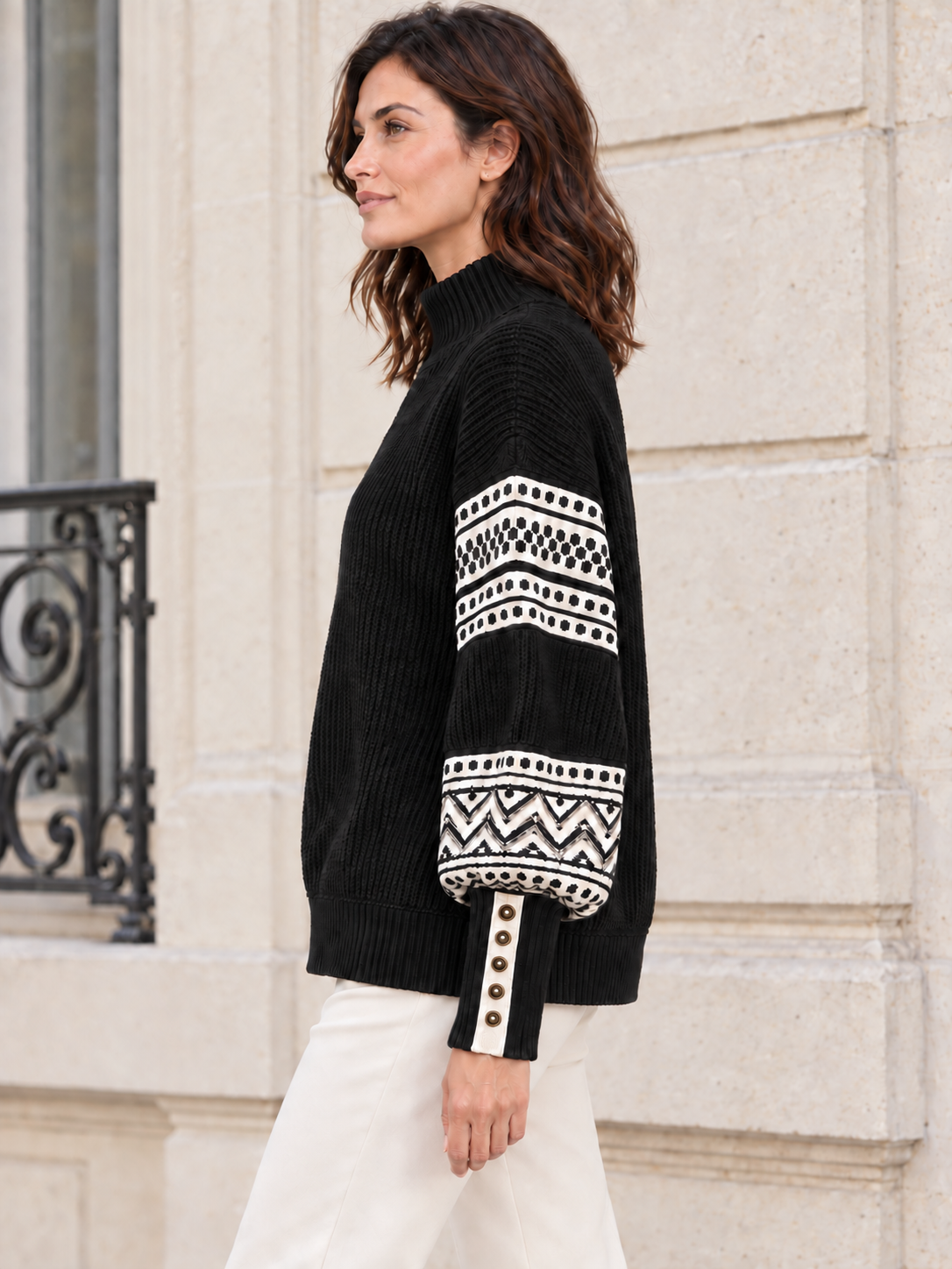 Pull en laine à manches jacquard et poignets boutonnés — Pauline