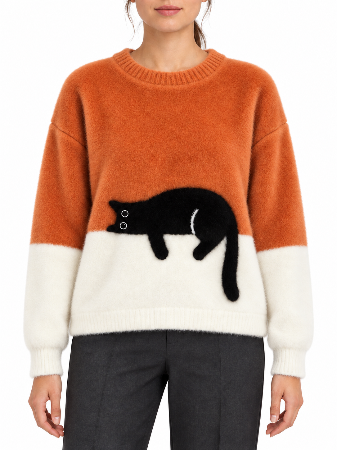 Maglione bicolore in lana con motivo gatto — Léonie