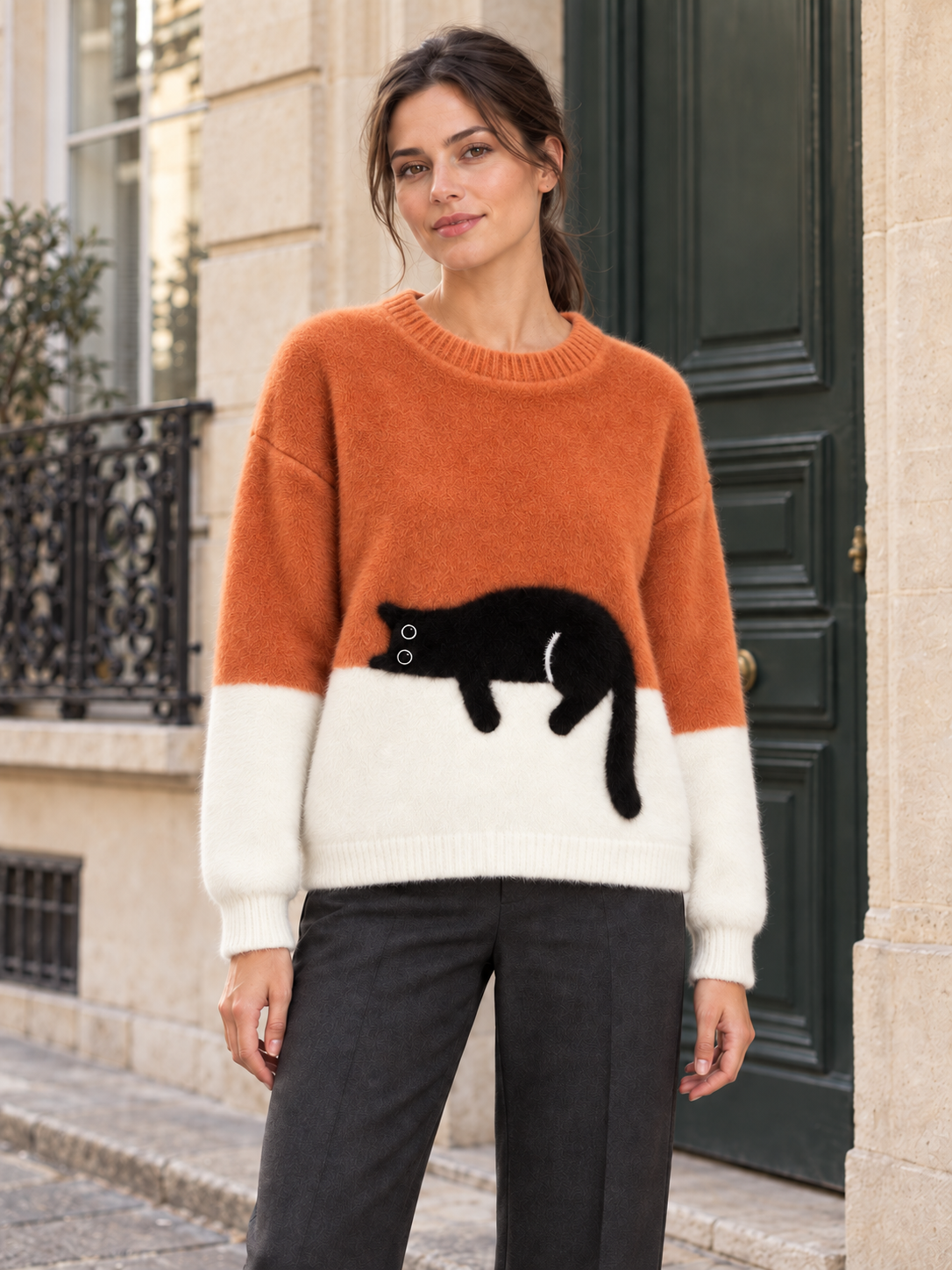 Maglione bicolore in lana con motivo gatto — Léonie