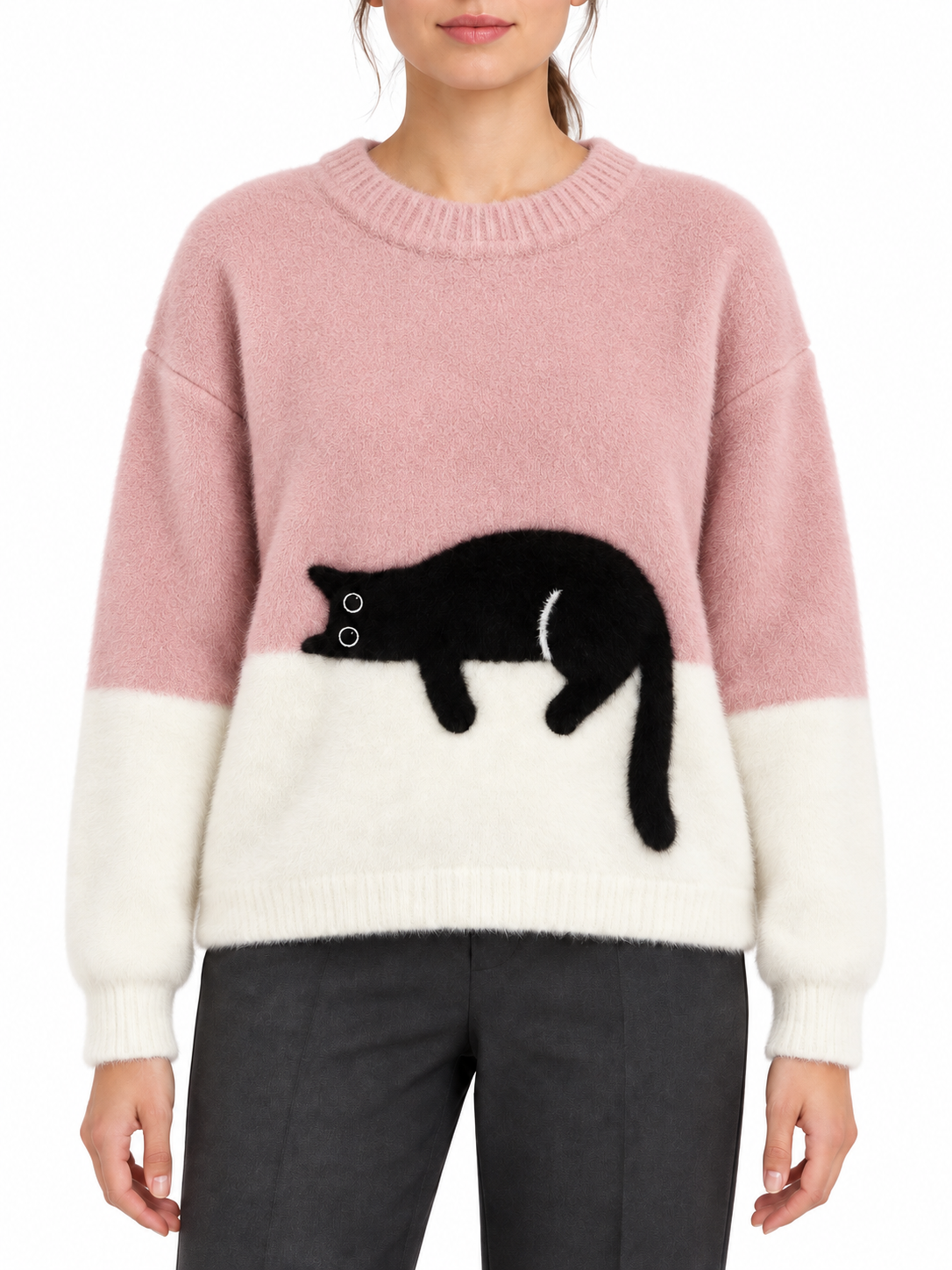 Maglione bicolore in lana con motivo gatto — Léonie