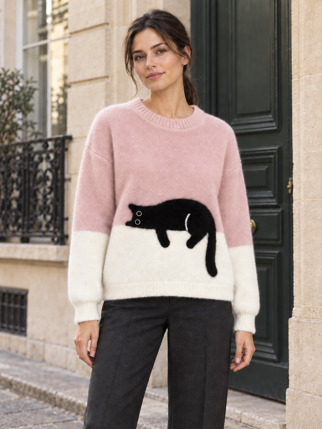 Maglione bicolore in lana con motivo gatto — Léonie