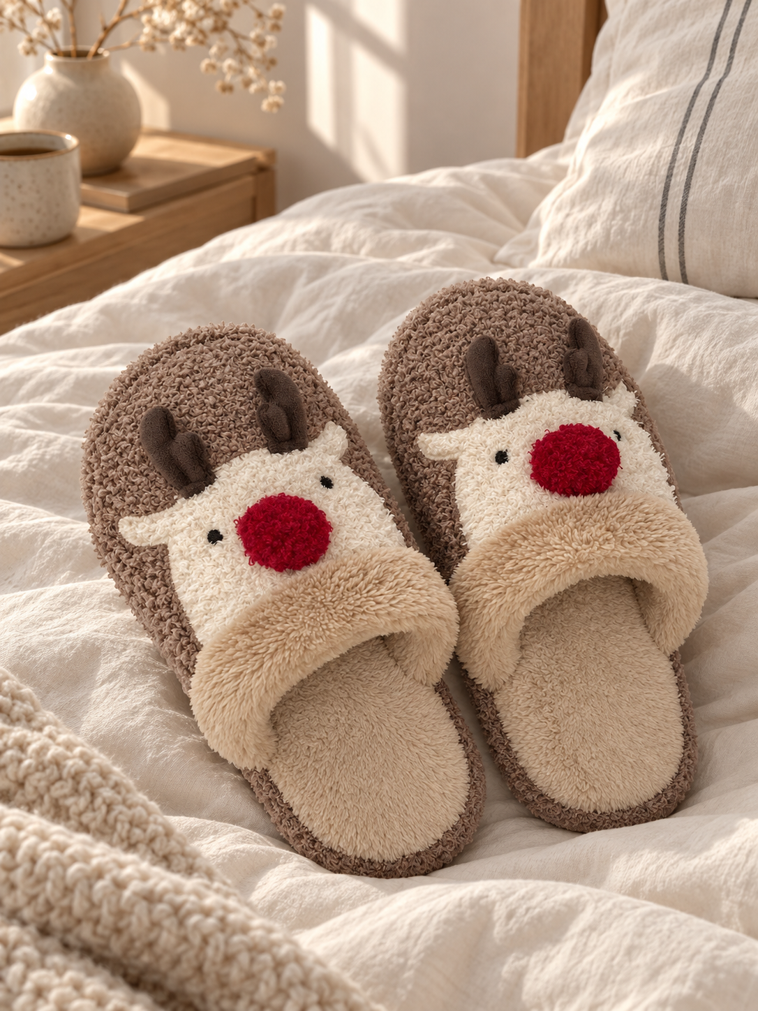 Noëlle — Ultra-warm and cozy plush reindeer-pattern slippers