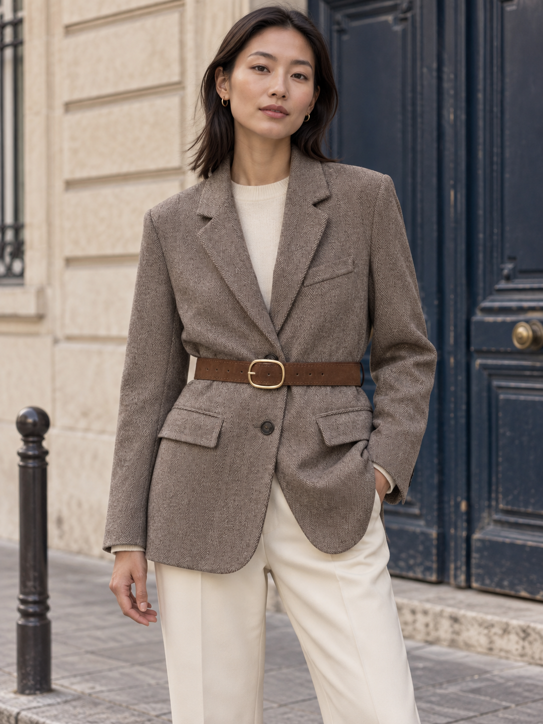 Adélaïde — Herringbone wool blazer with belt