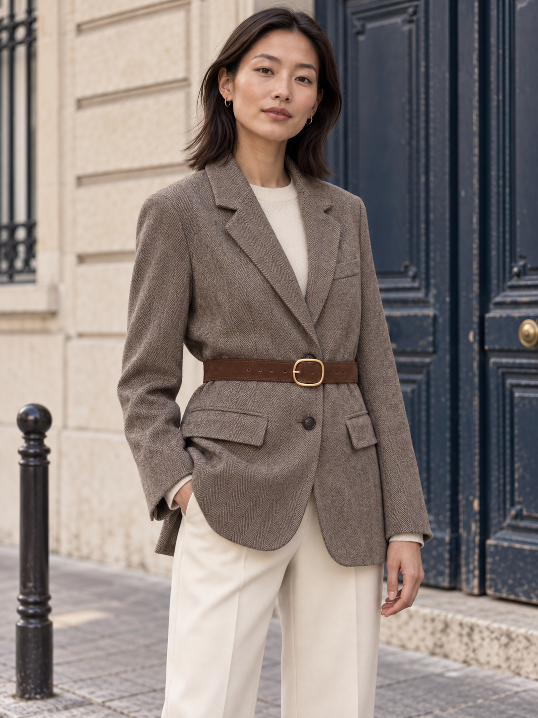 Adélaïde — Herringbone wool blazer with belt