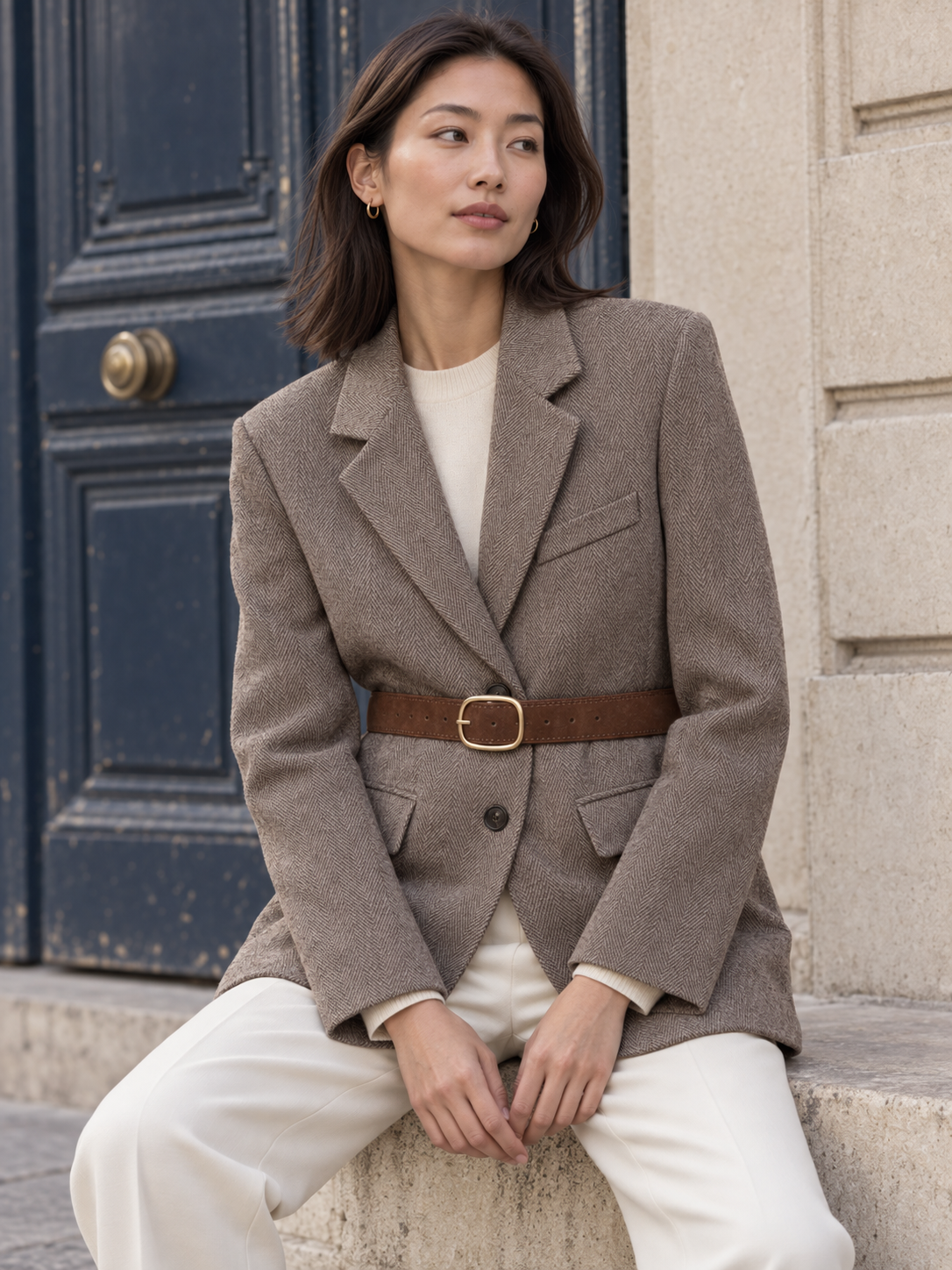 Adélaïde — Herringbone wool blazer with belt