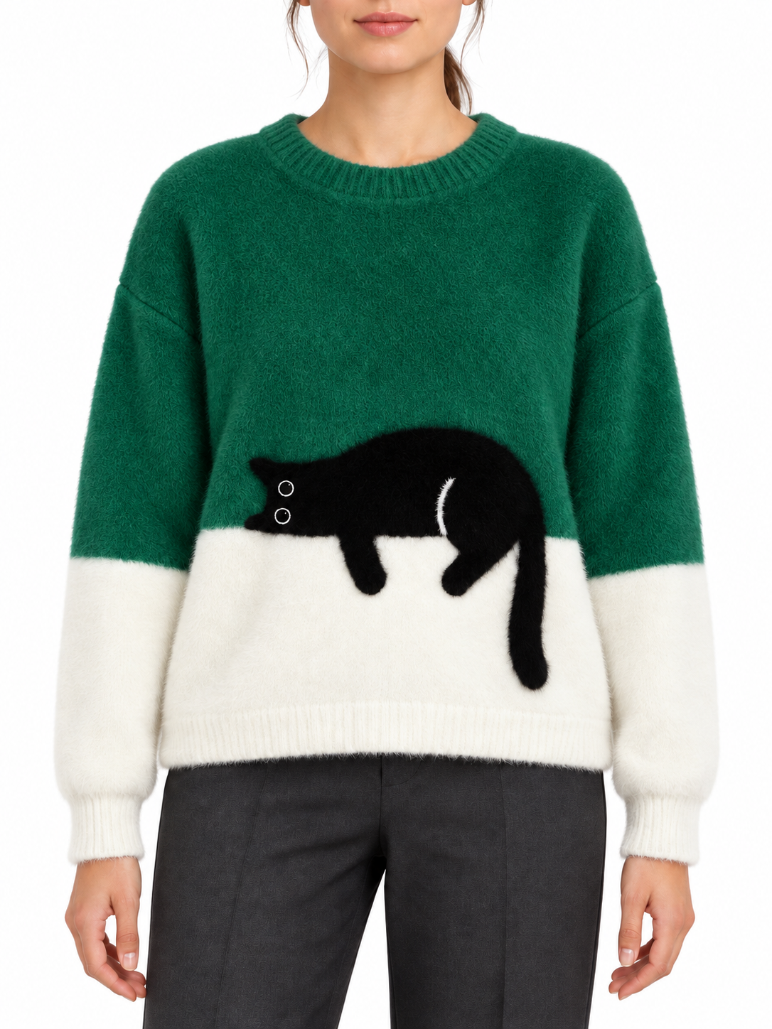 Maglione bicolore in lana con motivo gatto — Léonie