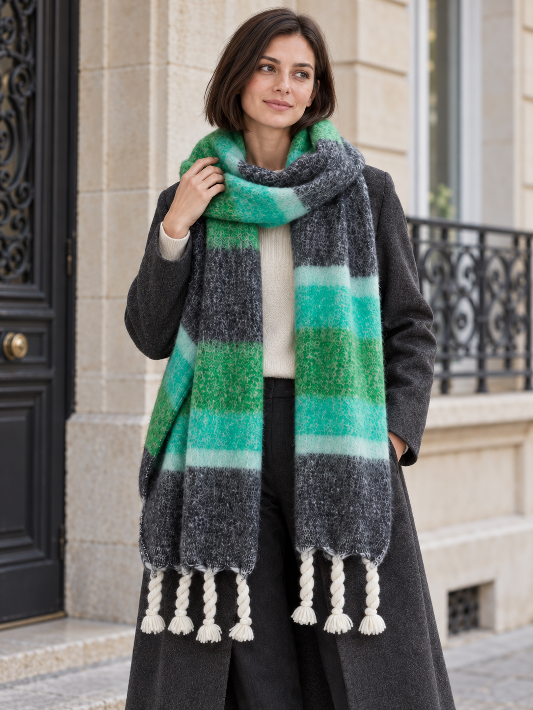 Sciarpa a righe larghe e frange intrecciate — Aveline