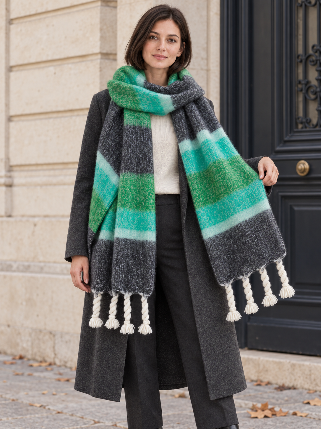 Sciarpa a righe larghe e frange intrecciate — Aveline